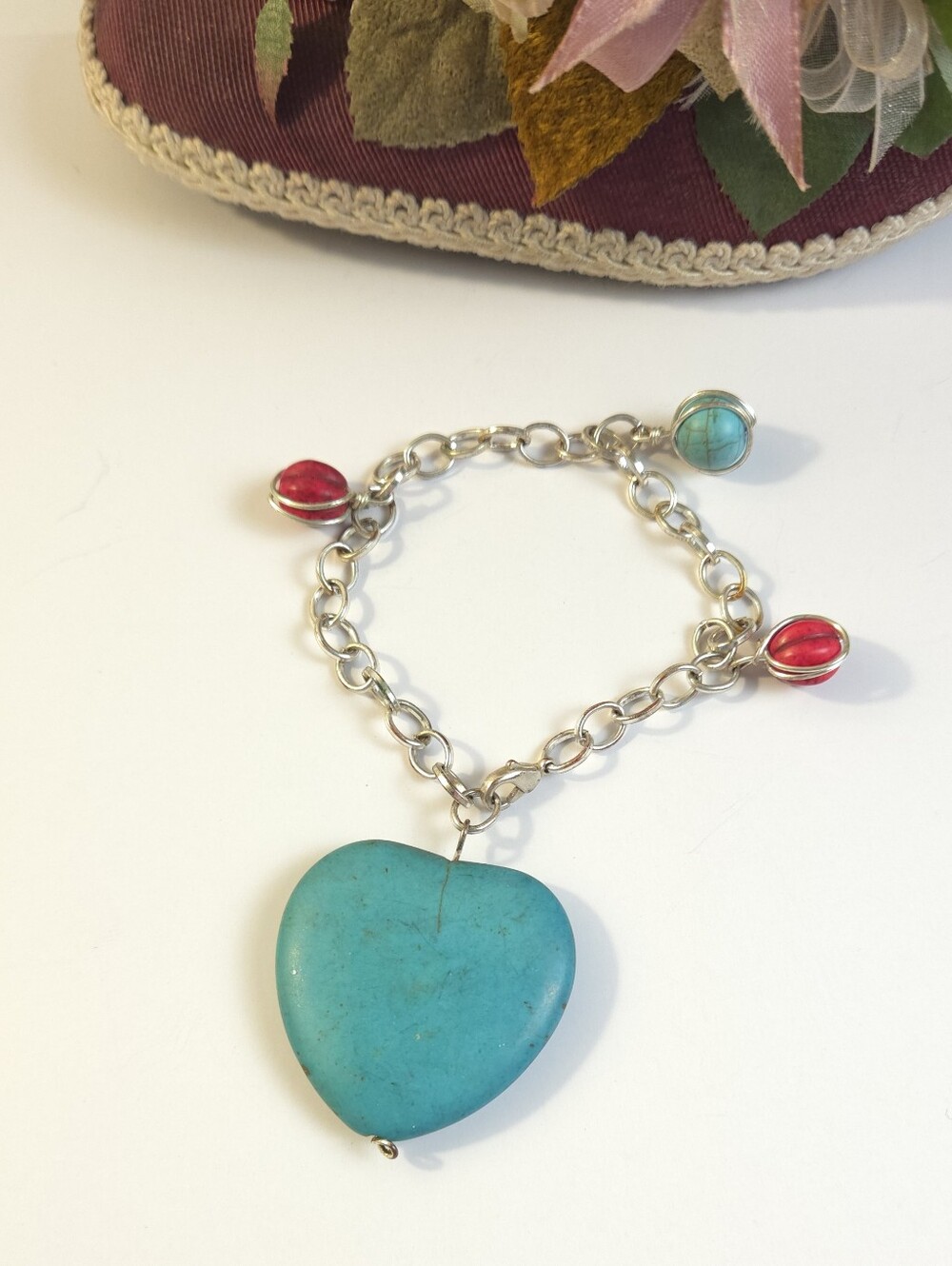 Handmade Turquoise Stone Heart & Red Turquoise Bead Charm Bracelet 8" long